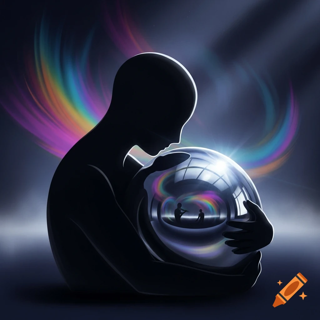 A dark silhouette of a figure holding a glowing, reflective sphere that contains smaller figures and rainbow colors, against a dark background.