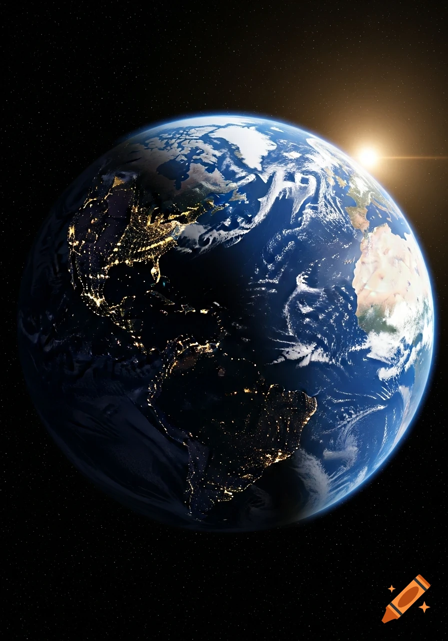 Photorealistic Earth from space, with sunlit continents, night-side city lights, and distant stars.
