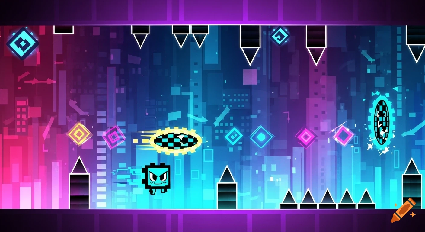 A cyan square character with angry eyes jumps through a vibrant neon platformer level with geometric shapes, spikes, and portals.