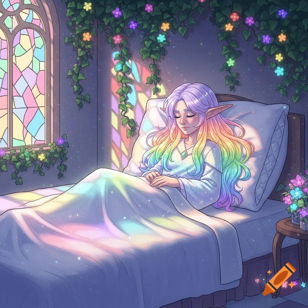 An anime-style elf with long rainbow hair sleeps peacefully in a bed, illuminated by colorful light filtering through a stained-glass window in a magical room.