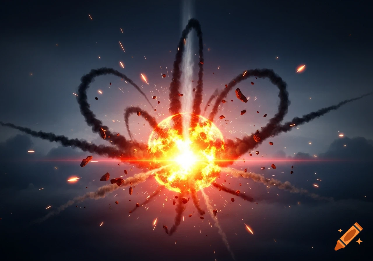 A massive fiery explosion with black smoke plumes and glowing debris against a dark sky.