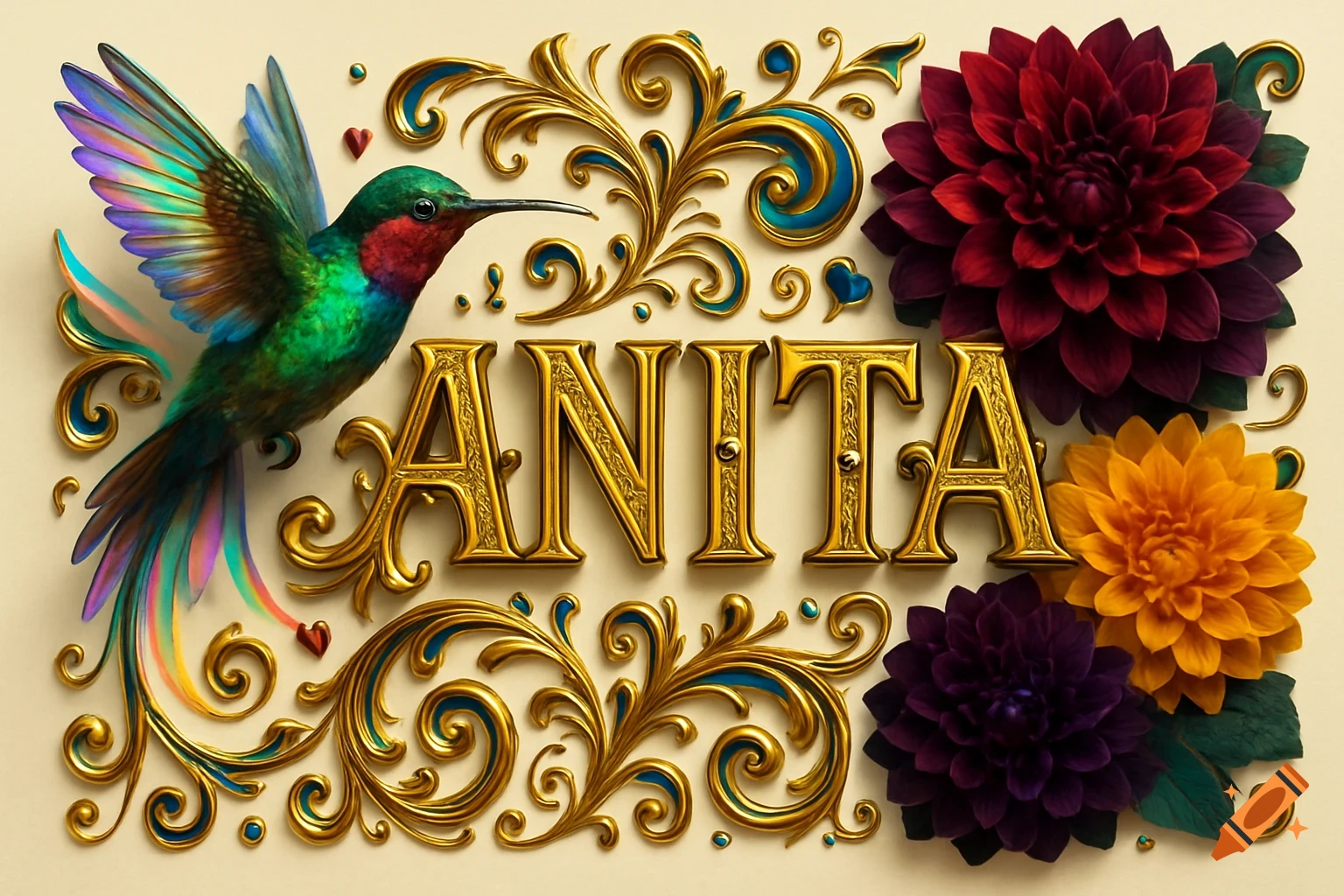 Decorative digital art with the name "ANITA" in ornate golden letters, a colorful hummingbird, and vibrant dahlia flowers.