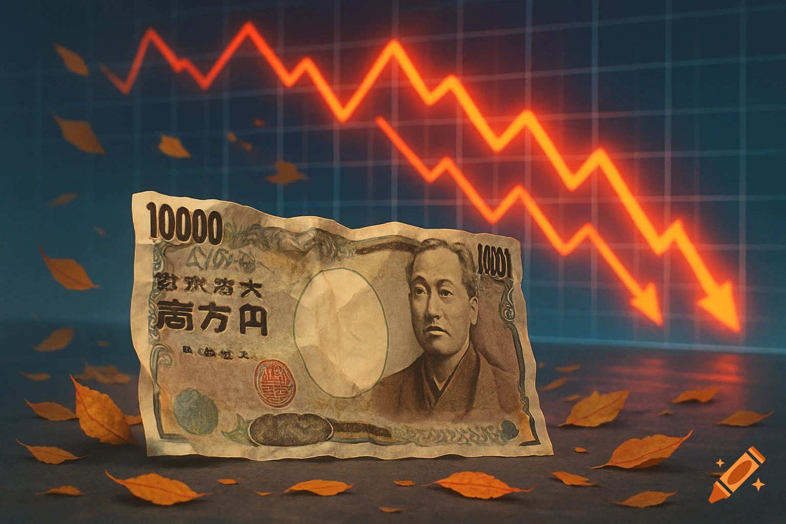 Crumpled 10,000 Japanese Yen banknote with scattered autumn leaves, foregrounded by a declining red financial graph.