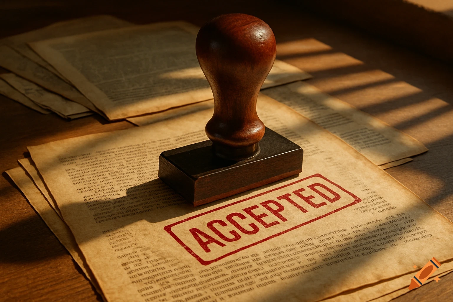 A wooden hand stamp rests on a stack of old, textured papers. The top paper has "ACCEPTED" stamped in red ink.