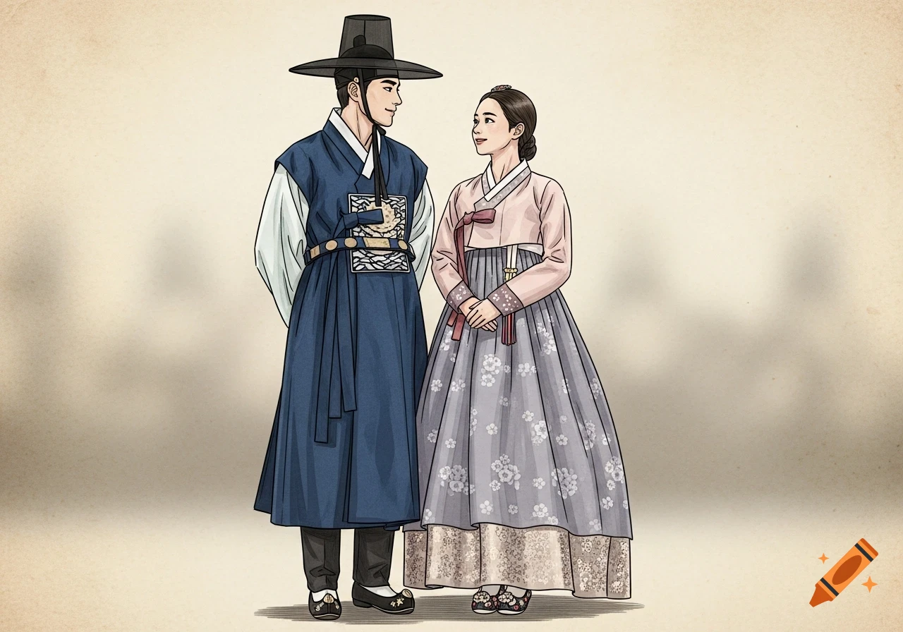 Drawing of a Korean couple in traditional hanbok, looking at each other. The man is in blue, the woman in pink and grey floral, on an aged background.