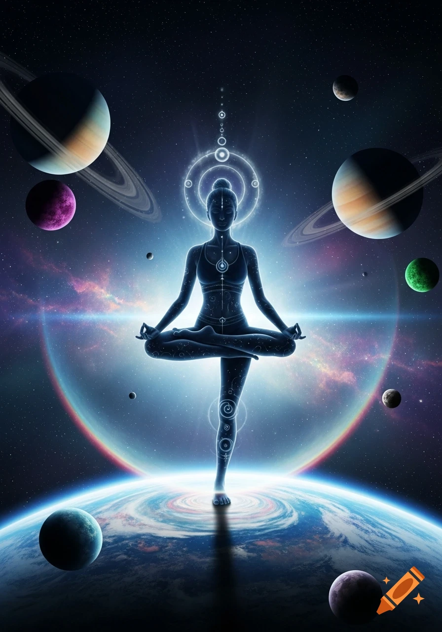 A glowing silhouette of a person in a yoga pose stands on a large planet, surrounded by other planets and nebulae in a cosmic, mystical setting.