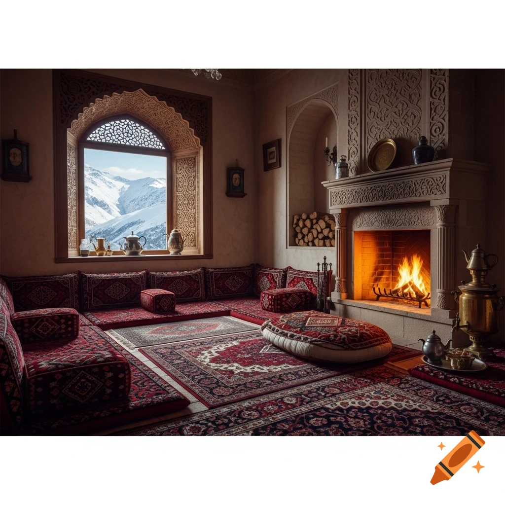 Luxurious photorealistic Persian living room with a lit fireplace, traditional seating, layered carpets, and an arched window revealing snowy mountains.