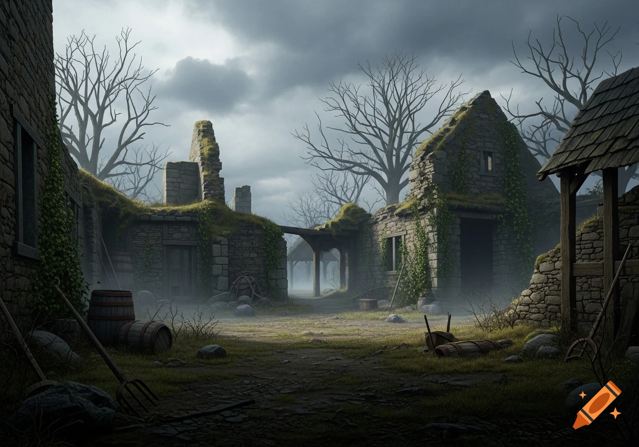 Desolate stone farm ruins covered in moss under a grey sky with bare trees and mist, rural landscape.