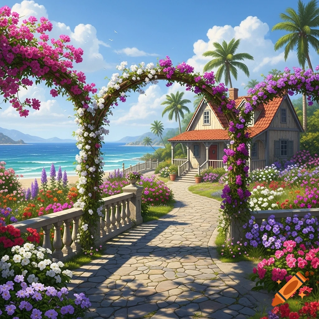 A stone path leads through a vibrant garden with flowering arches to a cozy house by a blue ocean, under a clear sky.