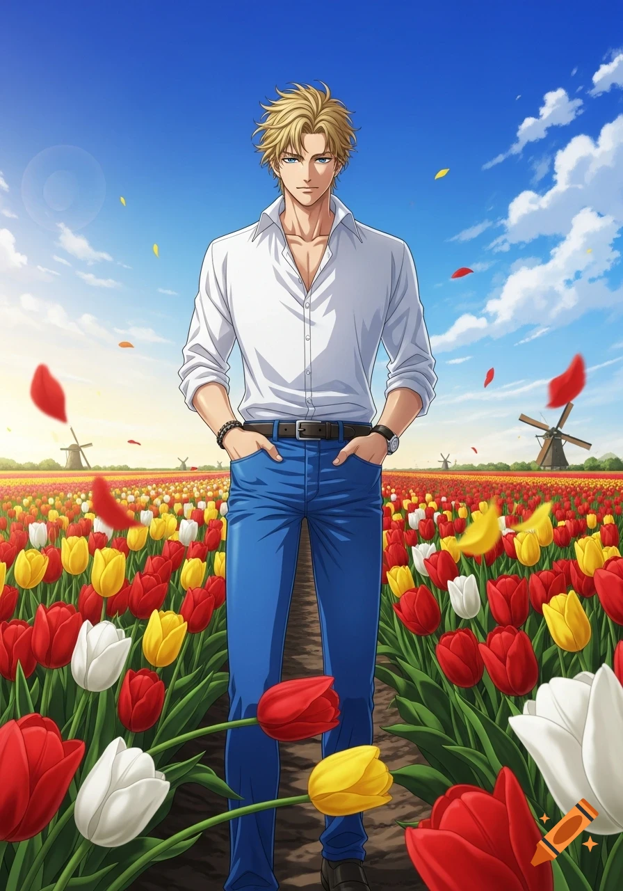 Anime man with blonde hair and blue eyes stands in a vibrant tulip field with windmills under a blue sky.