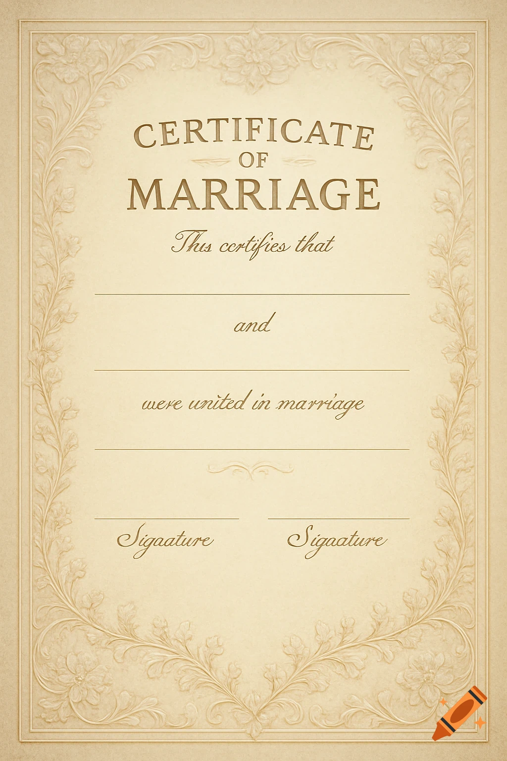 A blank marriage certificate template with an ornate border, lines for names, and two signature fields with the word "Sigaature" printed.