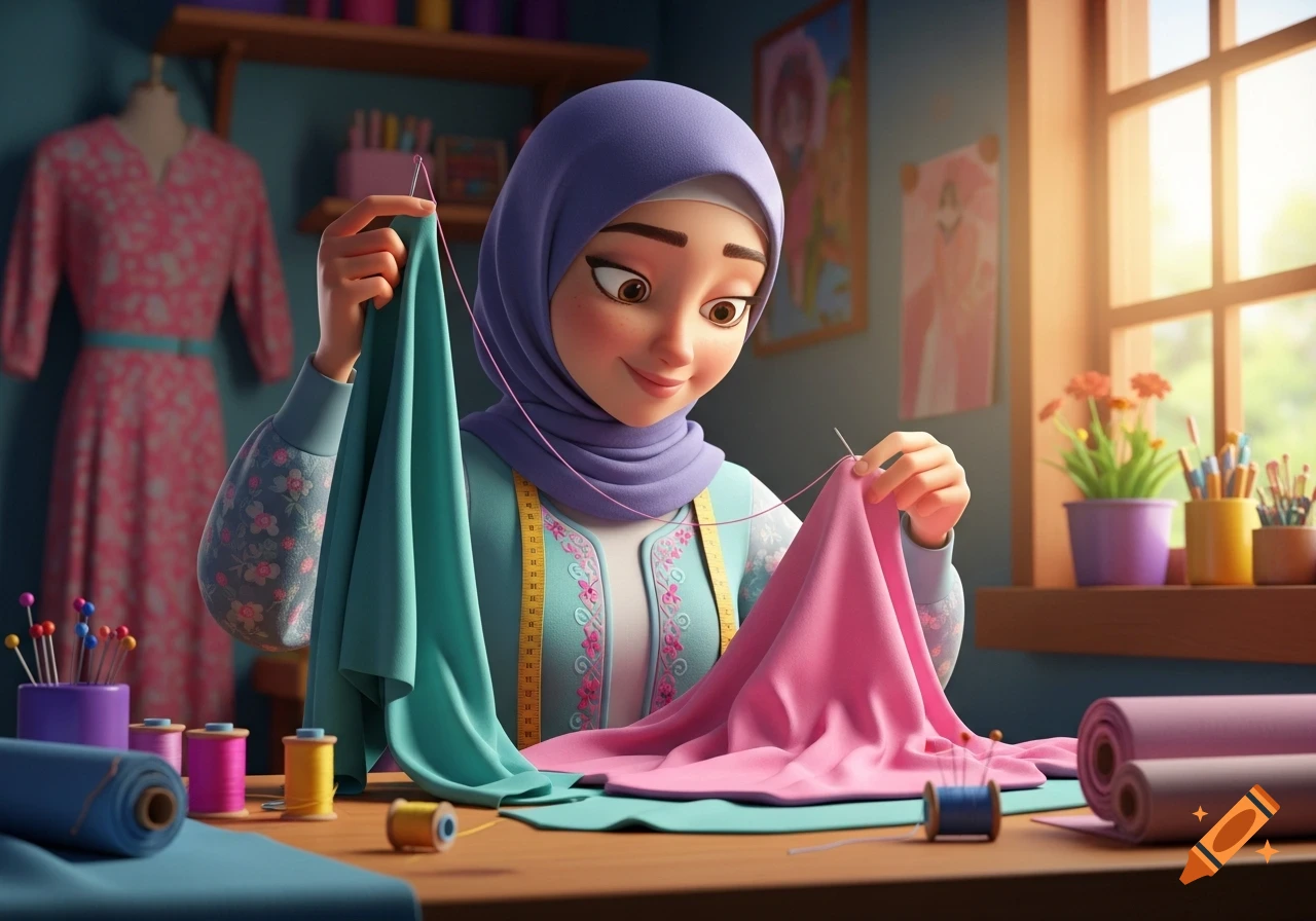 A 3D animated hijabi woman sewing a pink dress by hand in a colorful workshop, with fabric and thread on the table.
