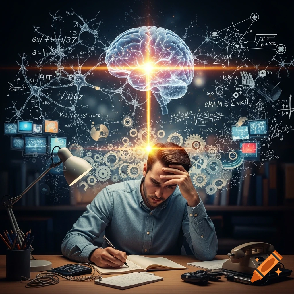 A man at a desk with his hand on his head, surrounded by glowing neurons, mathematical symbols, and gears, representing deep thought and problem-solving.