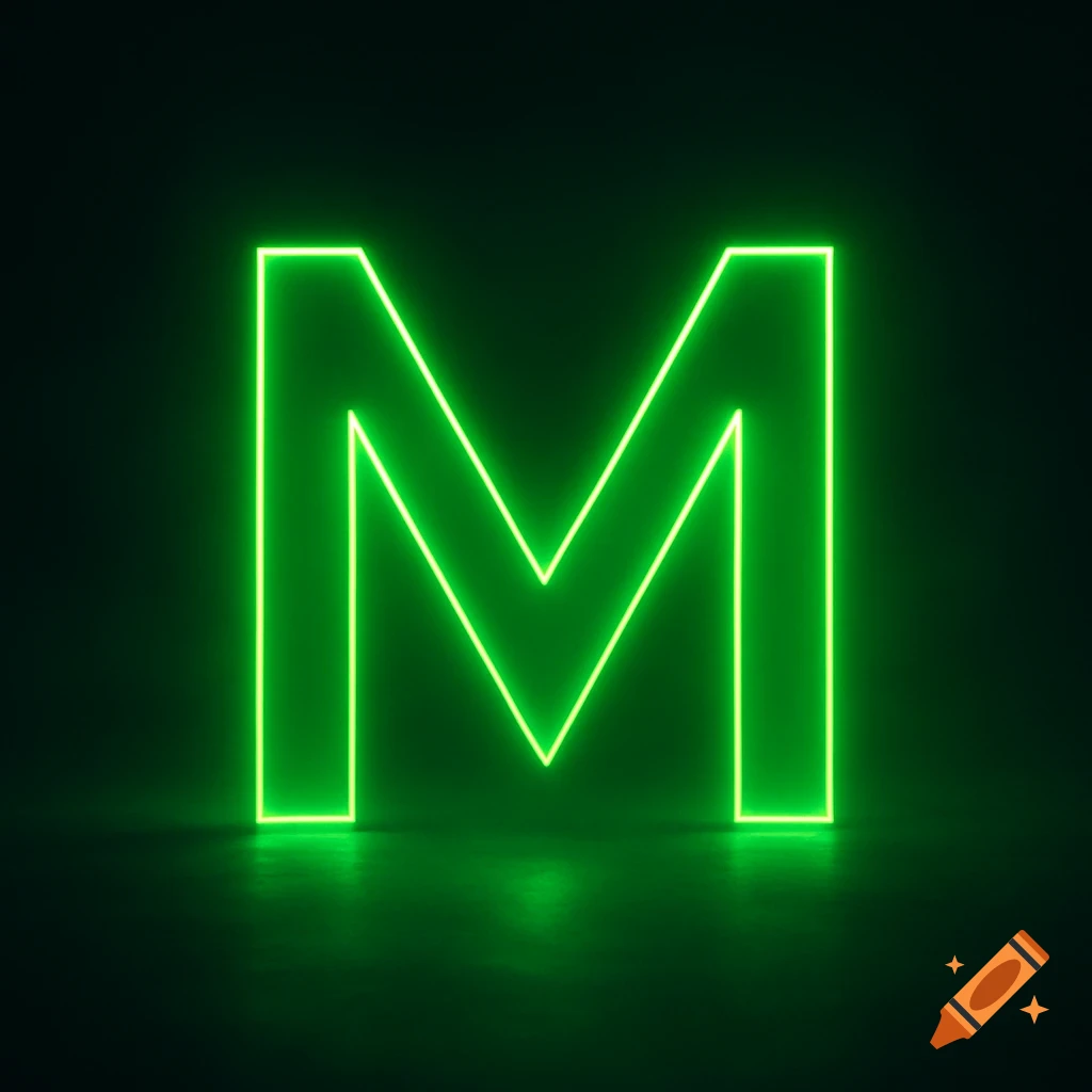 Neon green outline of the letter M glowing brightly on a dark surface, casting a reflection.
