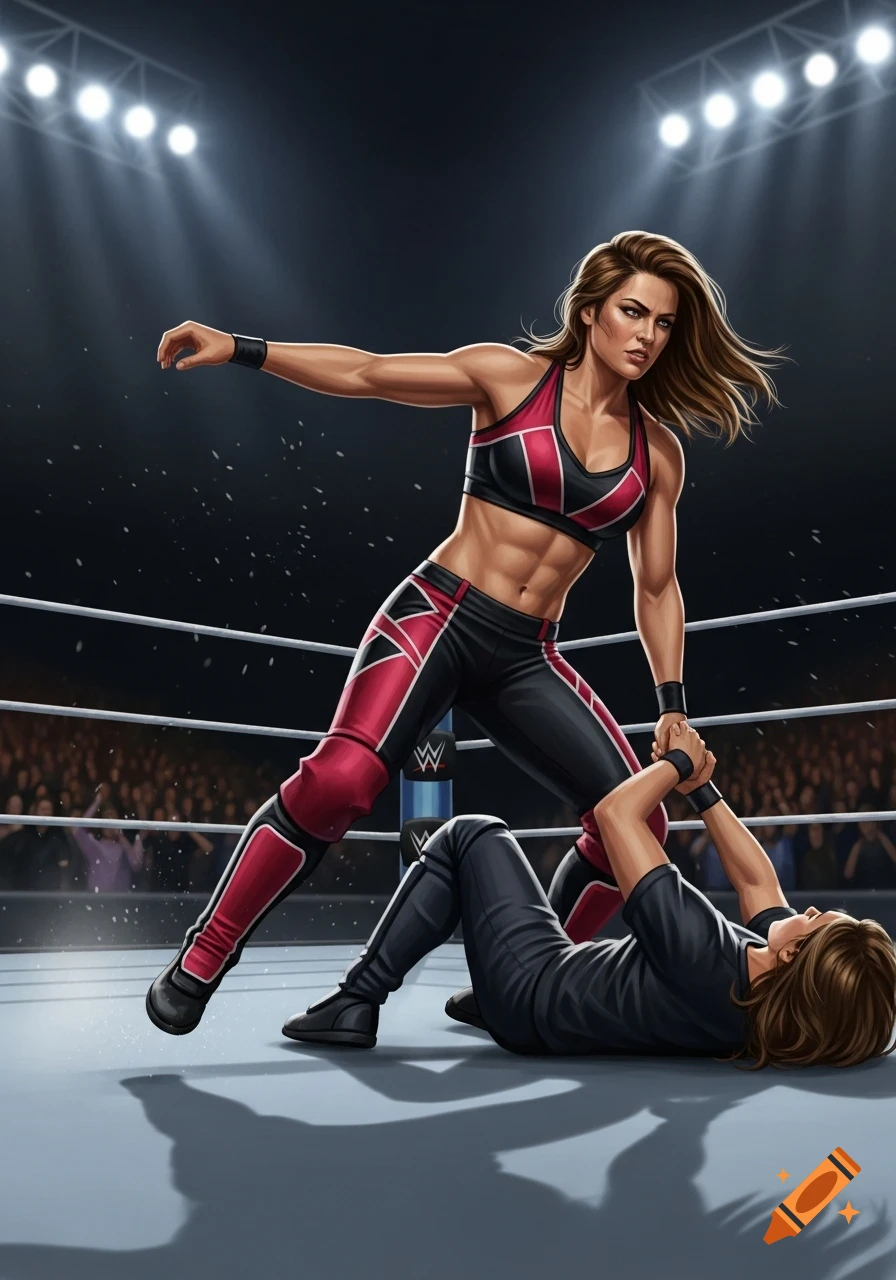 Two muscular female wrestlers in a ring under bright lights, one standing over the other on the mat, illustration style.