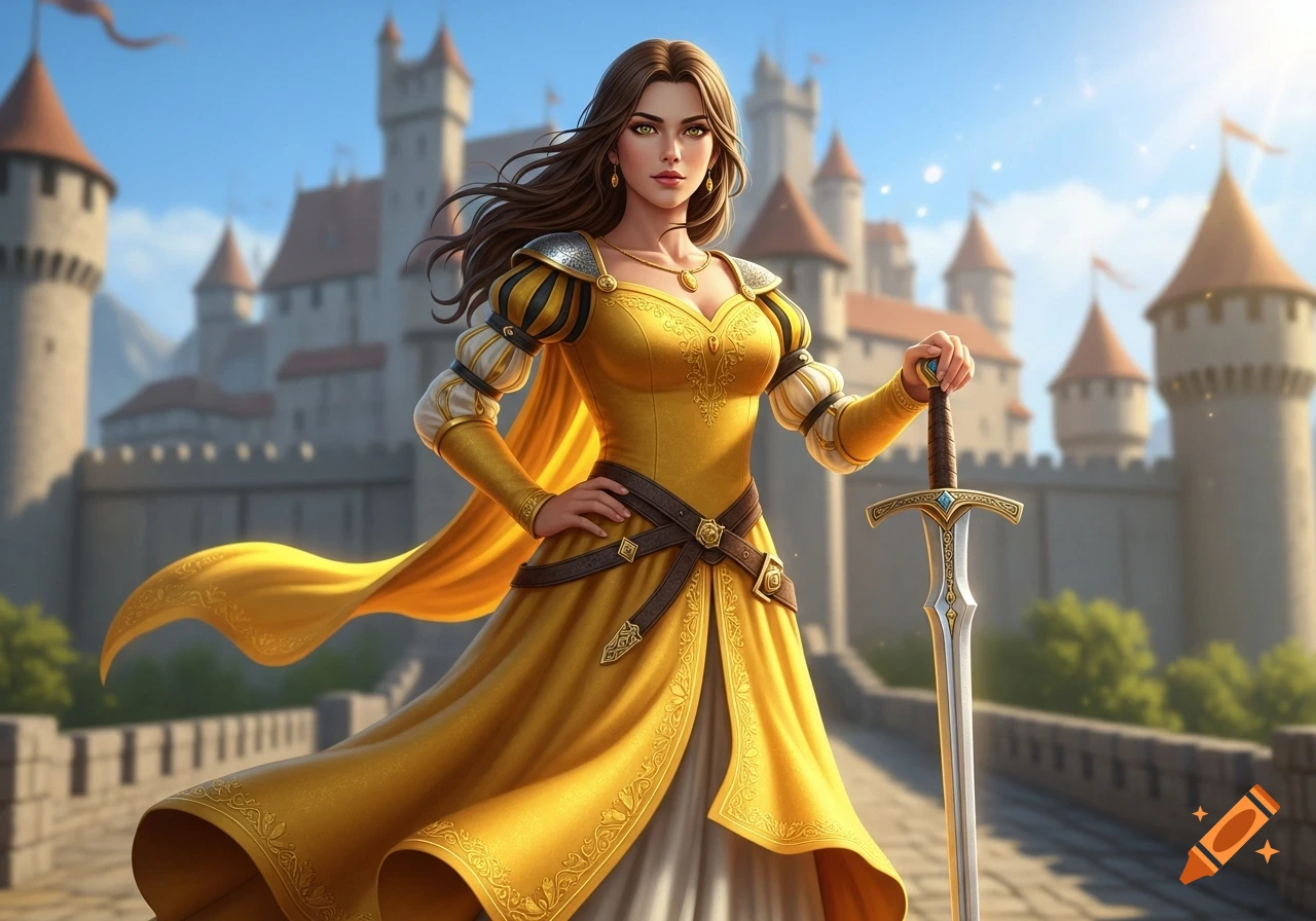 A strong, brown-haired fantasy princess in a yellow dress with a golden sword stands before a medieval castle.
