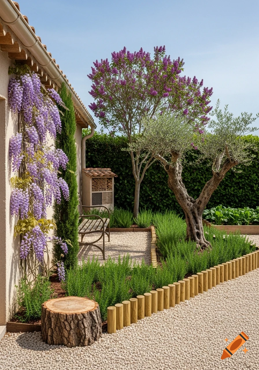 A photorealistic Mediterranean garden featuring purple wisteria on a wall, gravel path, olive and lilac trees, a wooden stump, and a bench with an insect hotel.