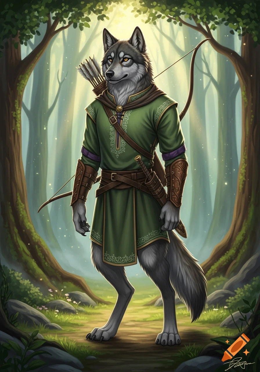 An anthropomorphic wolf in a green tunic with a bow and quiver stands in a bright, sunlit fantasy forest, digital art style.