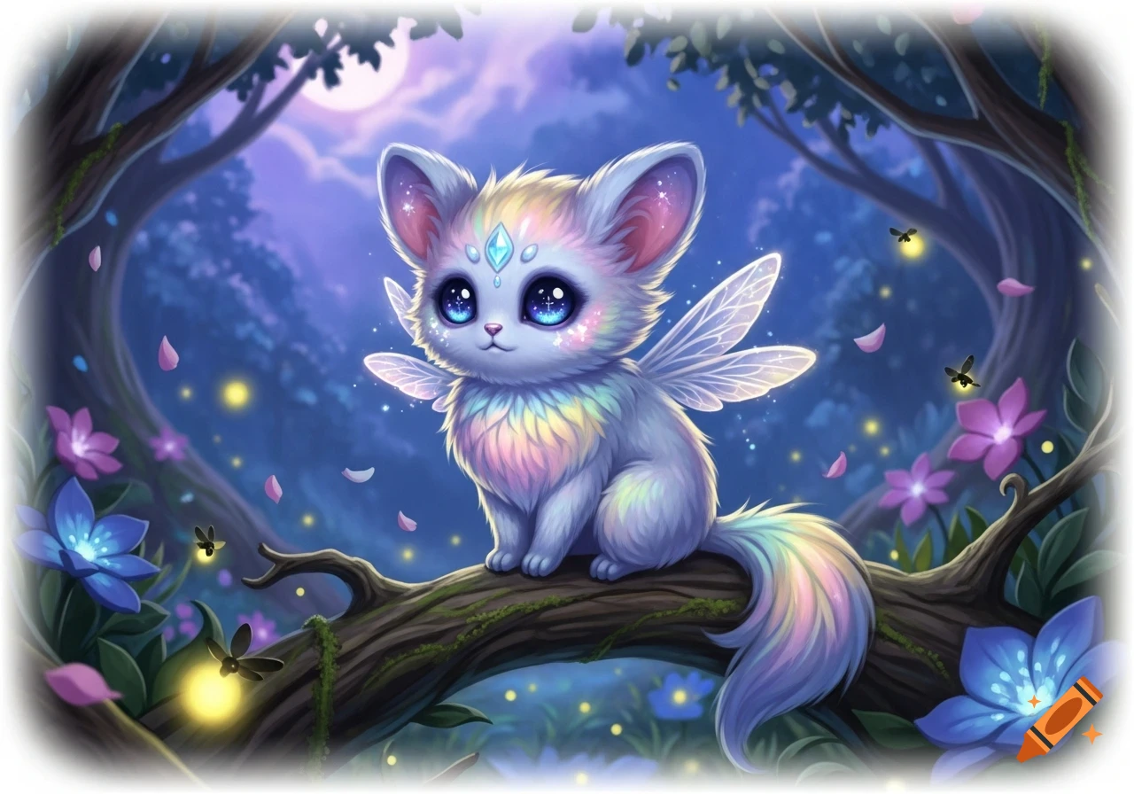 A cute, pastel-colored, winged fox-like creature with large blue eyes sits on a mossy branch in a magical moonlit forest with glowing flowers and fireflies.