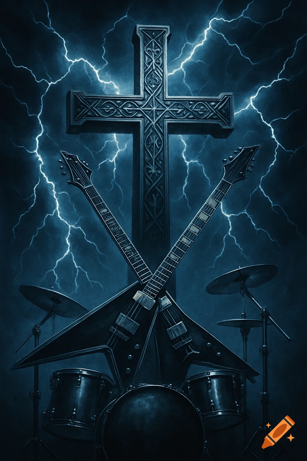 Stylized metal rock album cover with an ornate cross, two crossed V-guitars, and drums against a lightning sky.