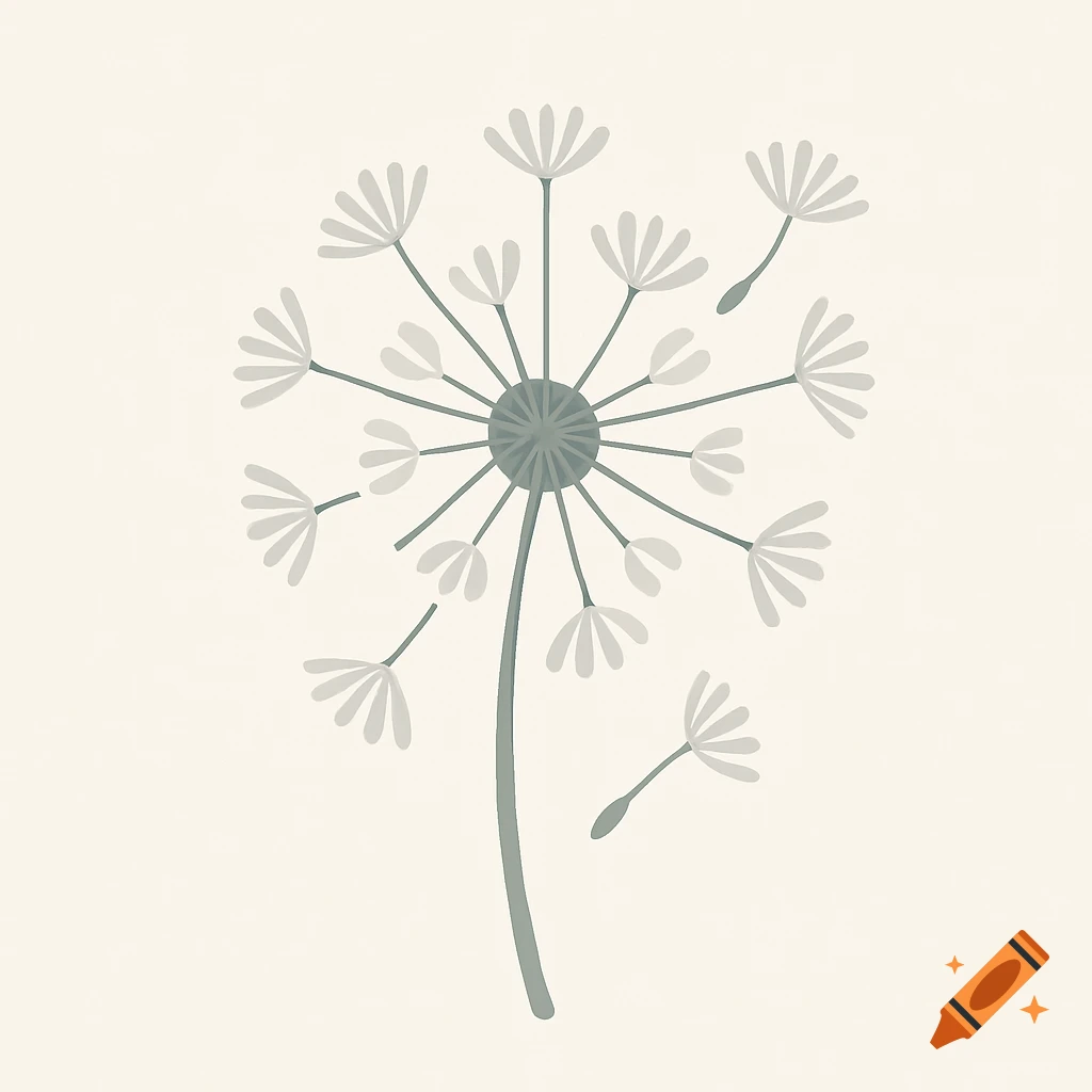 Minimalist illustration of a dandelion with several seeds blowing away on a light background.