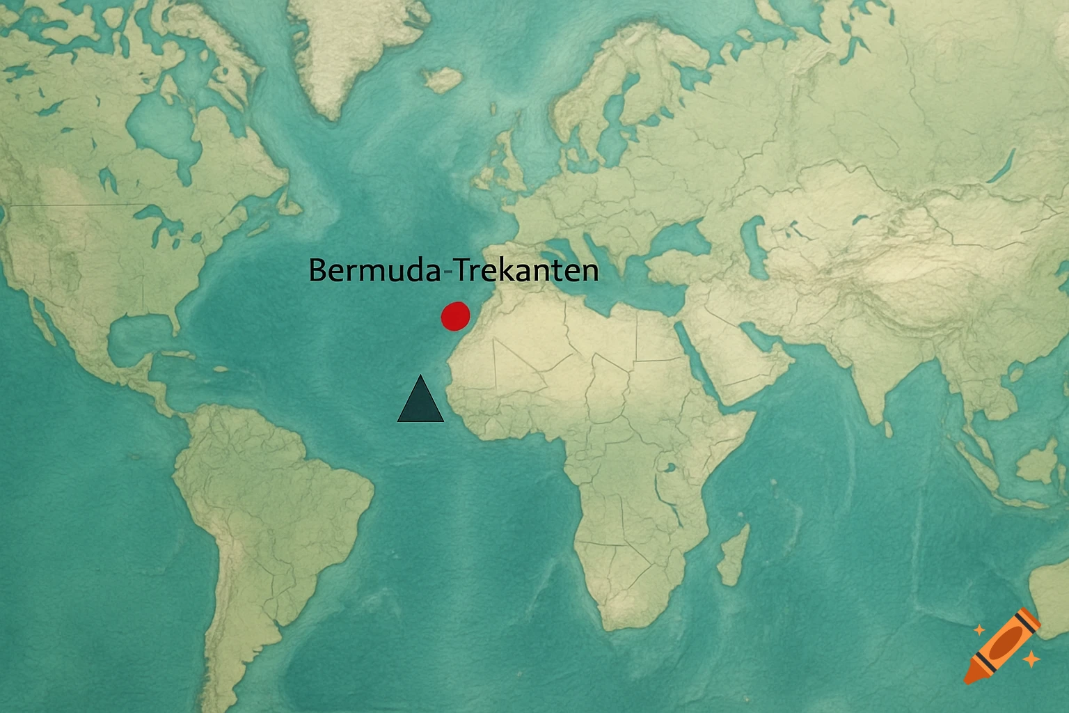 A textured world map with pastel green landmasses and turquoise oceans. A red dot and a dark triangle mark the Bermuda Triangle area, labeled "Bermuda-Trekanten".