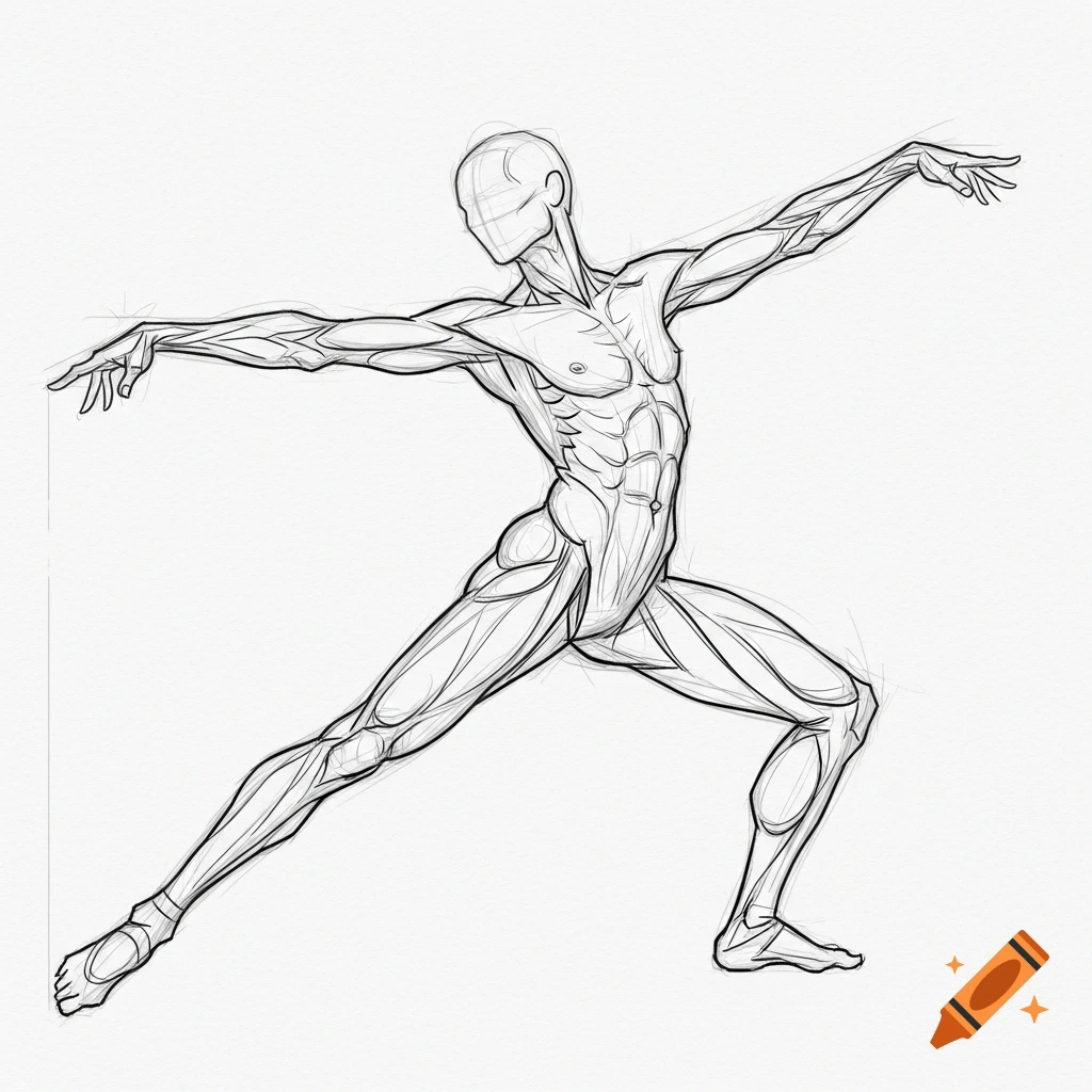 Line drawing of a muscular human figure in a dynamic pose, depicting anatomical details like muscles and tendons.
