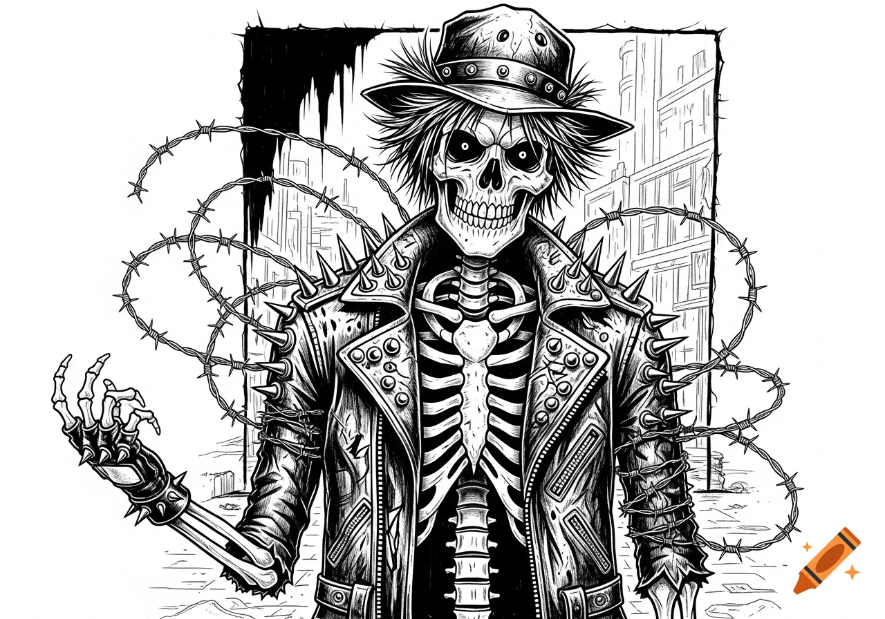 A black and white line art illustration of a crust punk skeleton in a spiked jacket and hat, wrapped in barbed wire.