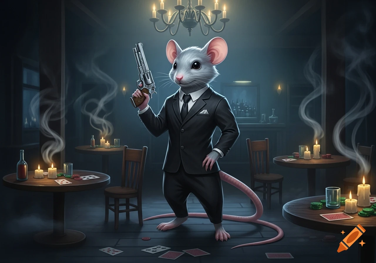 A stylized, dapper white mouse in a black suit holds a silver revolver in a dimly lit, smoky bar with playing cards on tables and floor, under a chandelier.