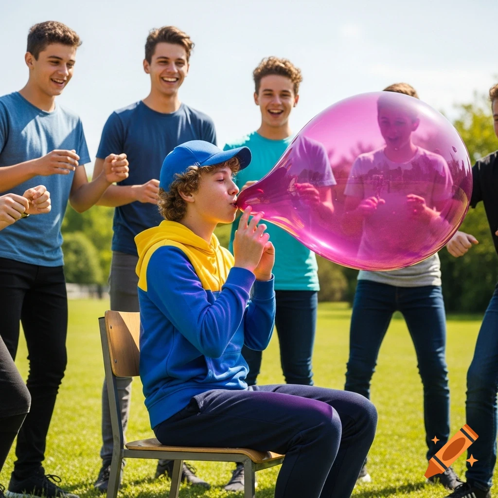 A boy in a blue and yellow hoodie sits on a chair, blowing a large pink balloon while other boys watch and cheer in a sunny grassy field.