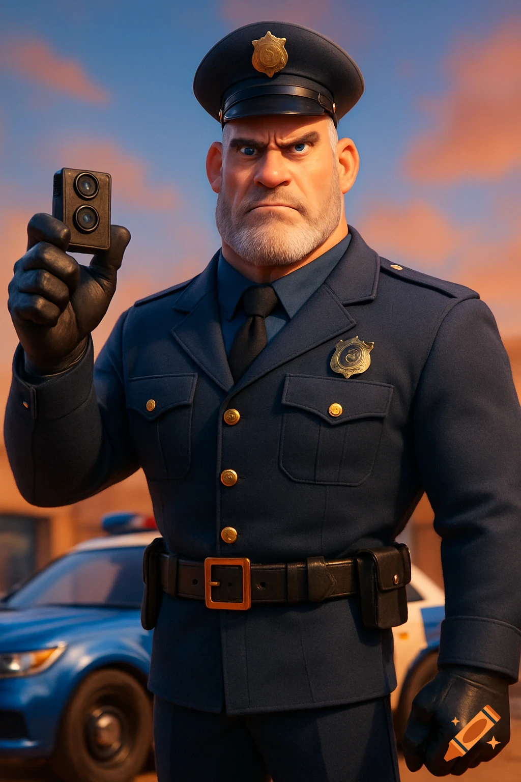 A muscular, stern 3D Pixar-style animated police officer in uniform holds a body camera with a police car visible in the background.