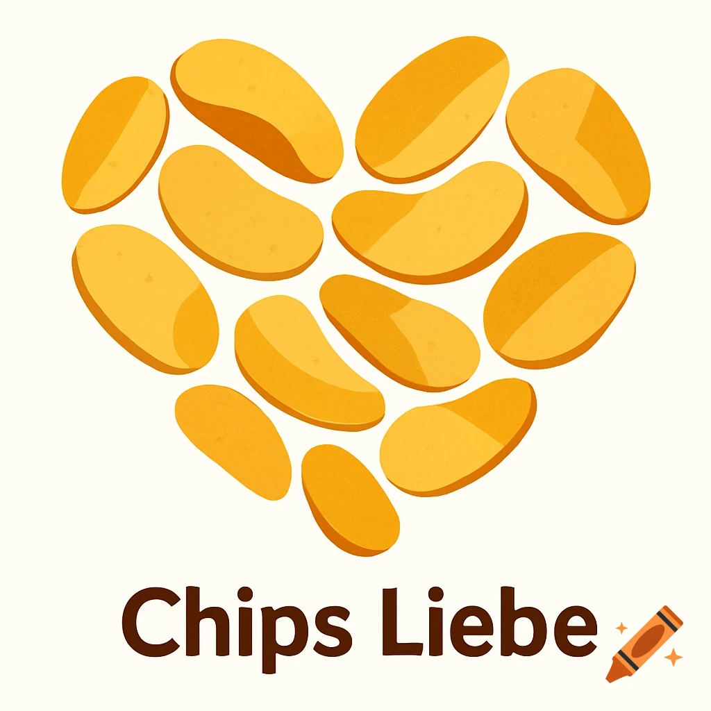 Illustration of golden potato chips arranged in a heart shape, with the words "Chips Liebe" below it.