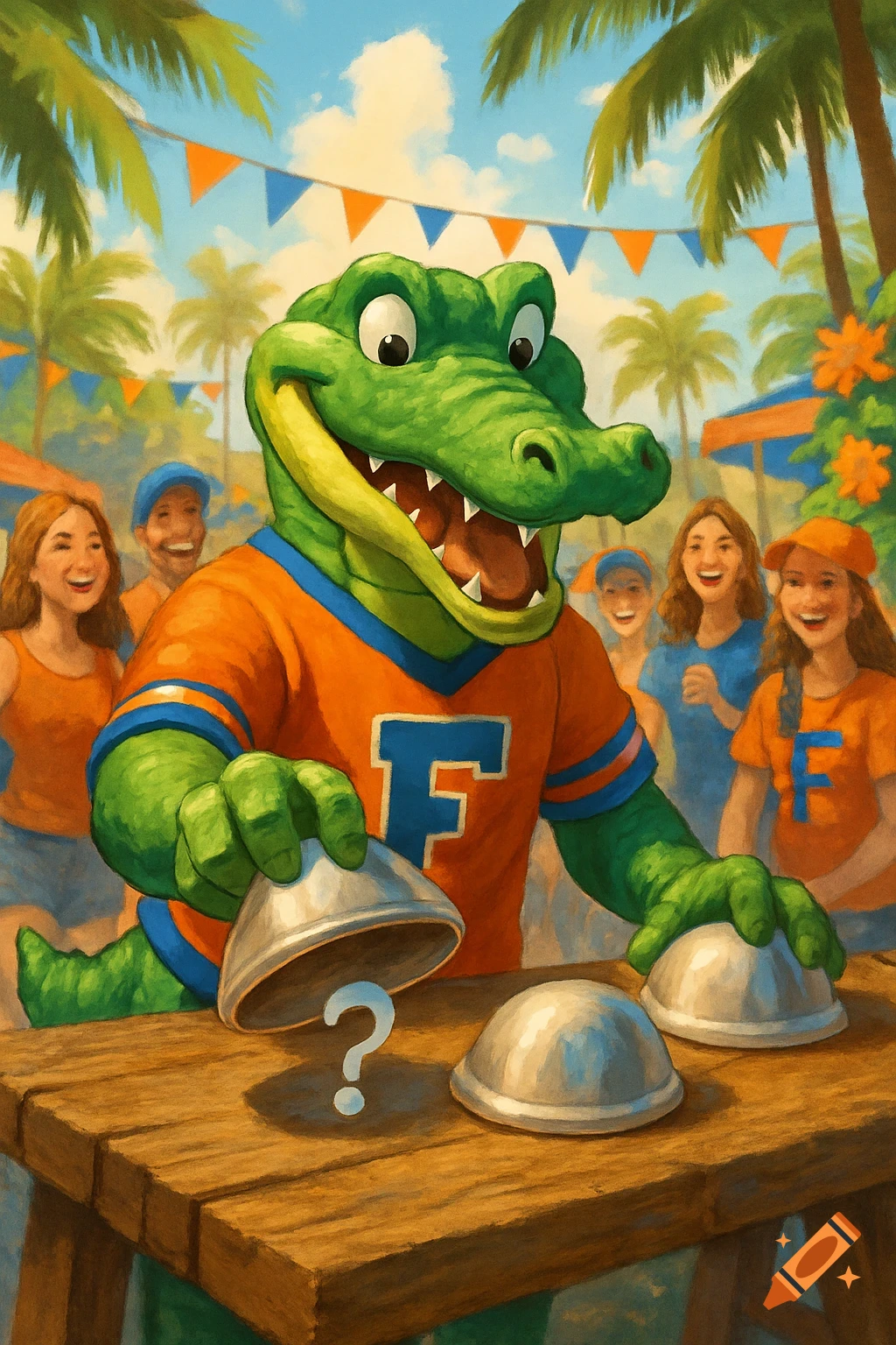 A cartoon alligator mascot in an orange shirt lifts a shell revealing a question mark, playing a shell game at a sunny outdoor event.