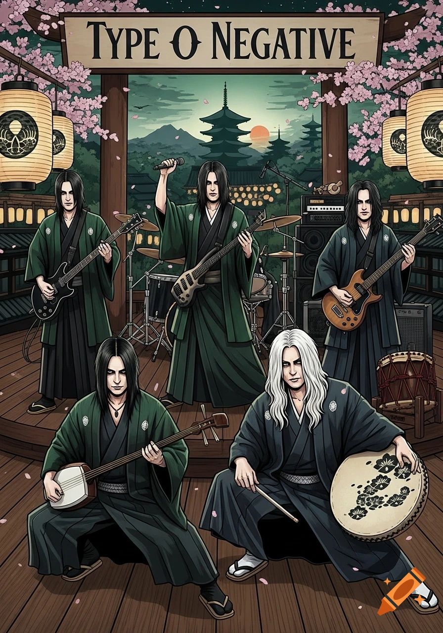 Anime illustration of the band Type O Negative in green and black kimonos, playing instruments on a Japanese stage.