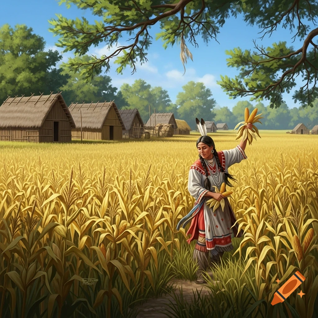 An Apalachee woman in traditional clothing harvests corn in a golden field, with a village of thatched huts under a blue sky.