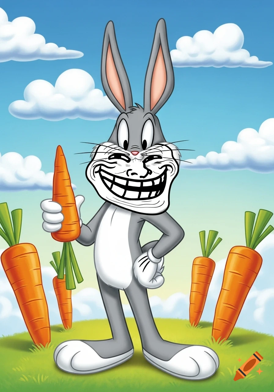 Bugs Bunny with a Trollface, grinning and holding a carrot in a field with other carrots under a blue sky.
