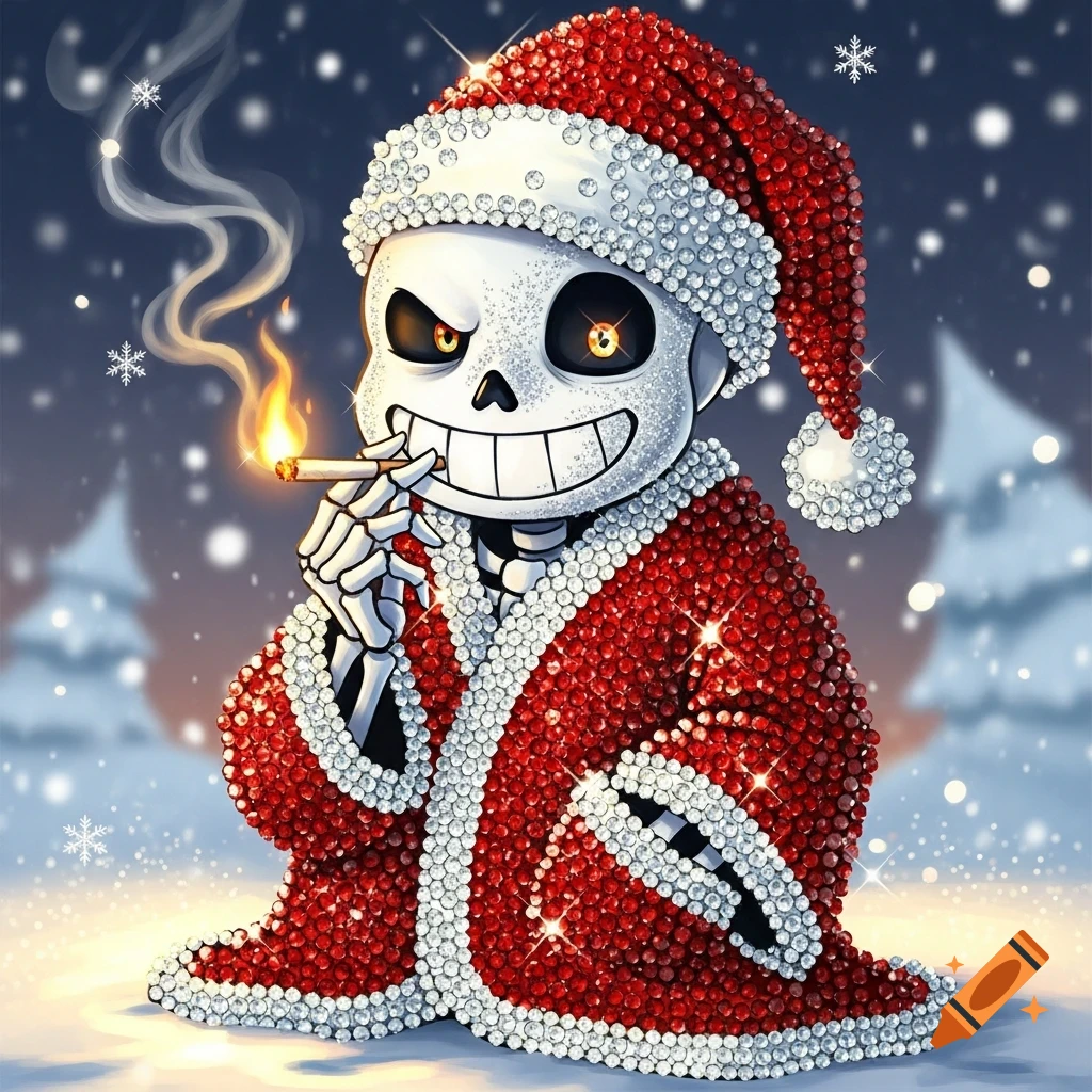 A 2D art image of Sans the skeleton in a sparkly Santa hat and red coat, smiling and smoking a cigarette in a snowy setting.