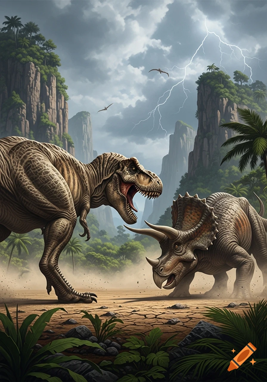 A large T-Rex roars at a Triceratops in a prehistoric jungle under a stormy sky with lightning, photorealistic style.