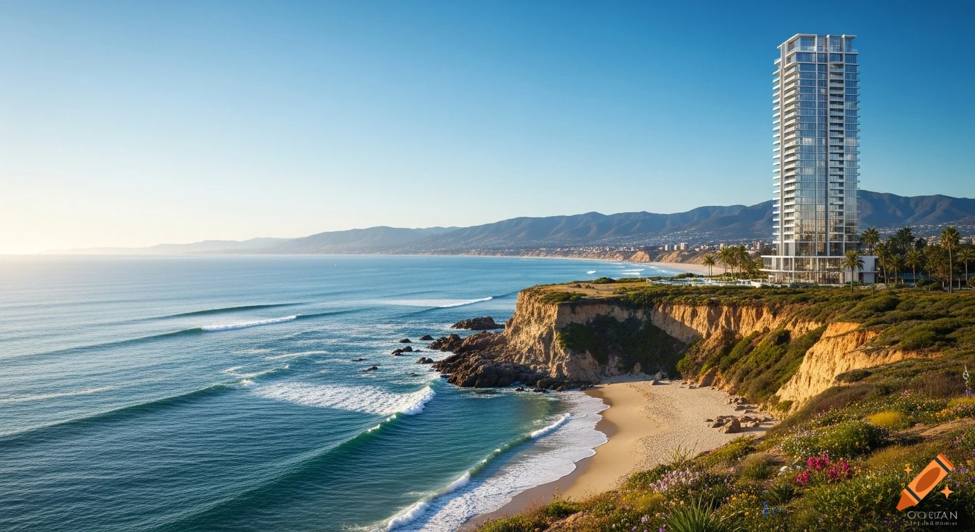 Photorealistic view of a modern high-rise building on a lush cliff overlooking a vast ocean, sandy beach, and distant mountains.