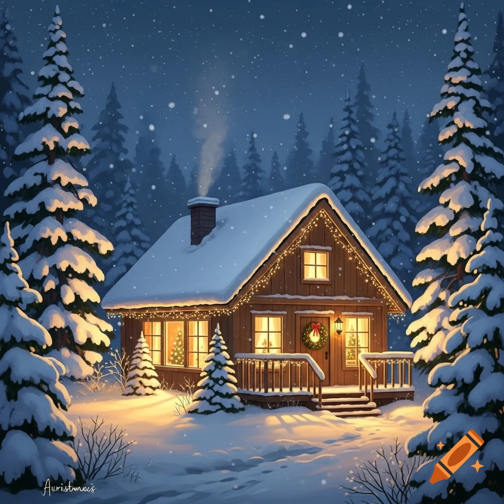 A cozy, snow-covered wooden cabin adorned with Christmas lights in a ...