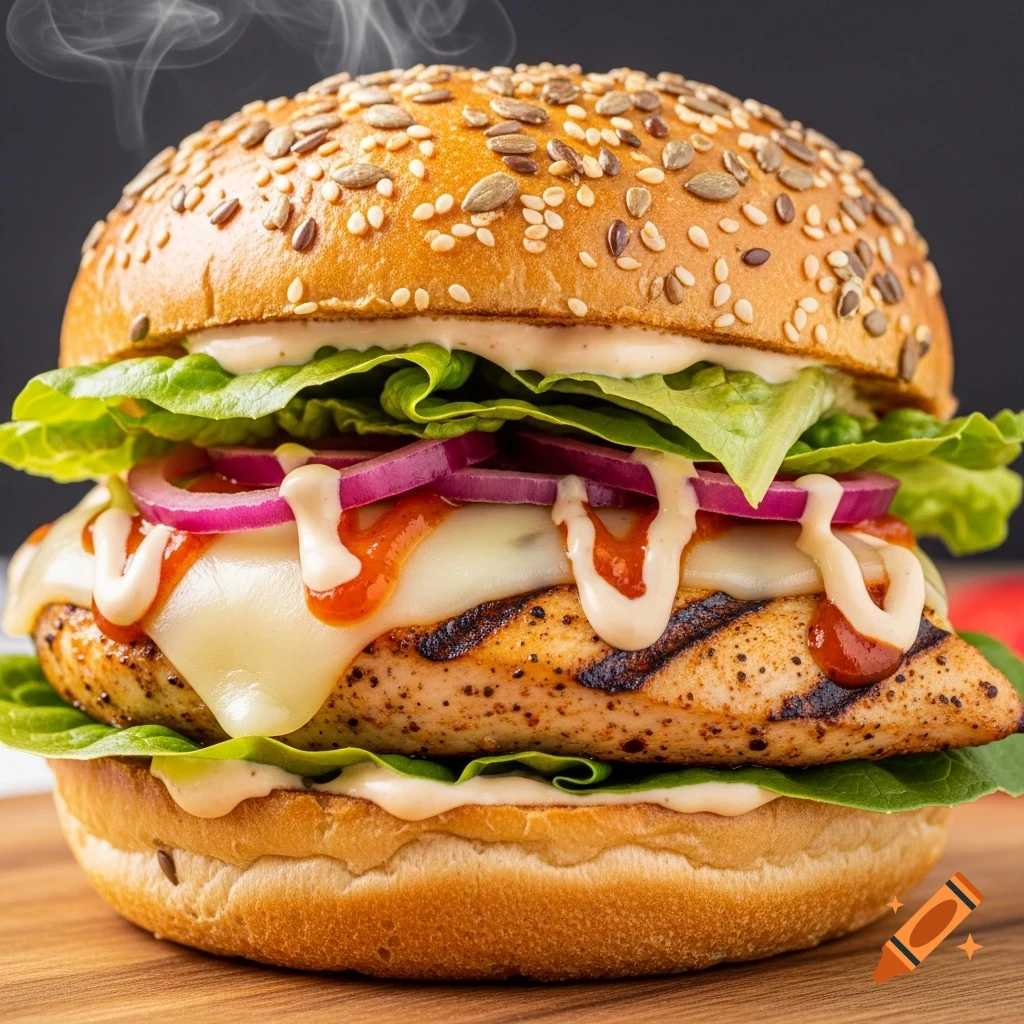 Appetizing close-up of a hot grilled chicken sandwich with melted cheese, lettuce, red onion, and sauce on a multigrain bun, steam rising.