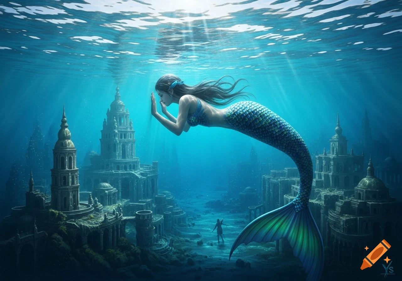 A graceful mermaid with a blue-green tail swims underwater, hands pressed forward, in a detailed sunken city scene.