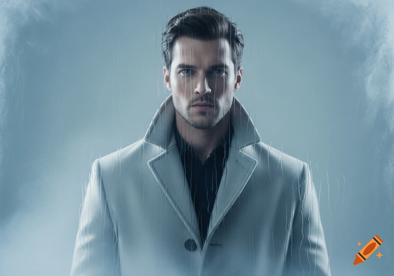 Photorealistic portrait of a serious man in a light grey coat behind a rain-streaked glass, cinematic lighting.