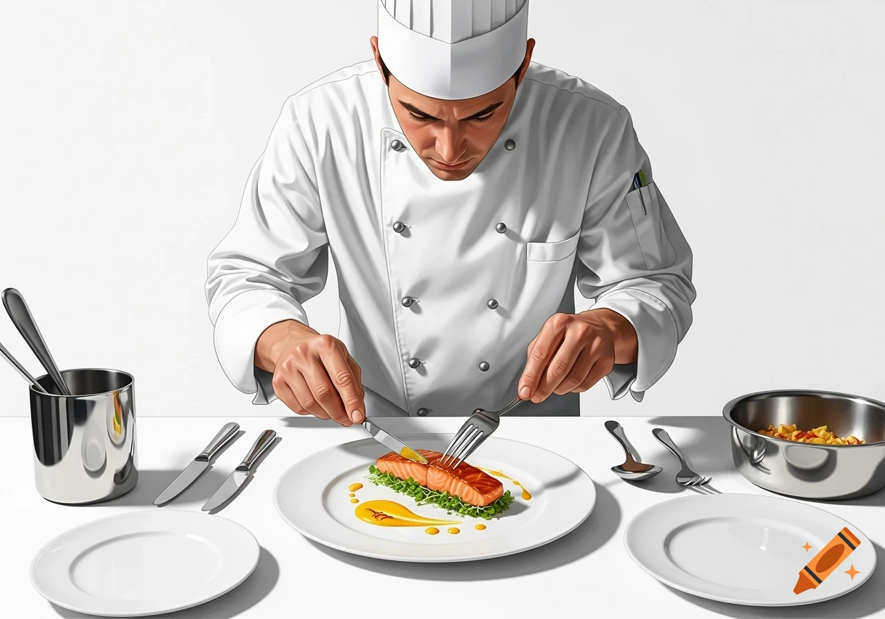 A professional chef meticulously cuts a piece of salmon garnished with greens and sauce on a white plate against a white background.