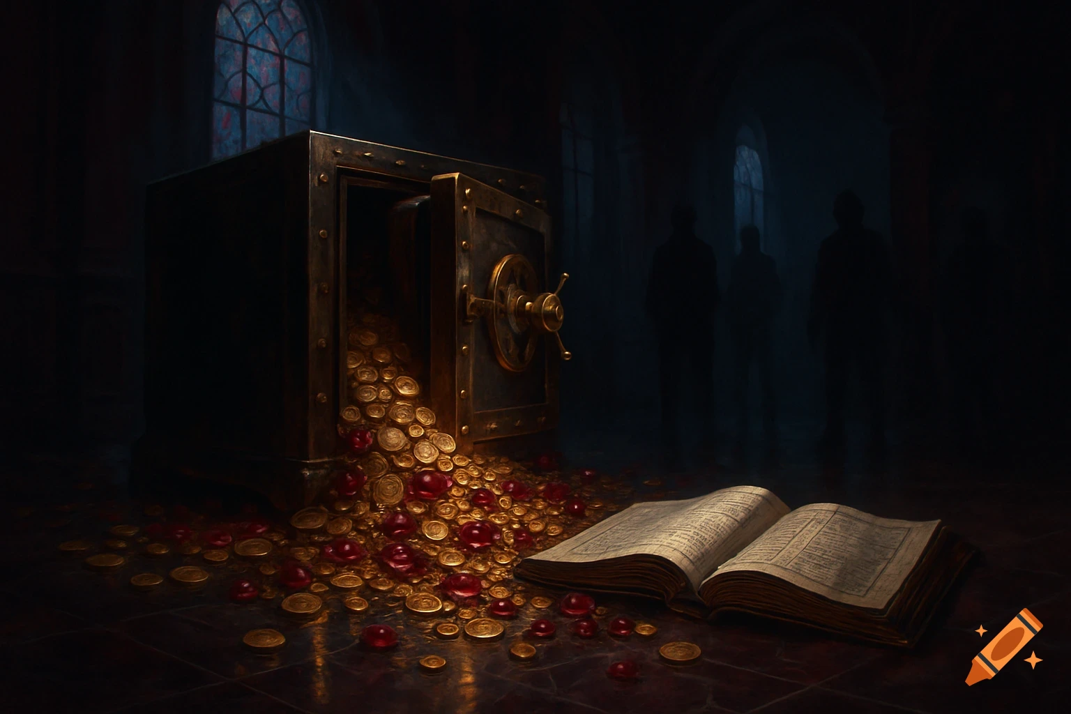 A dark, atmospheric image of an open safe spilling gold coins and red gems onto a floor, next to an open, old book. Silhouetted figures stand in the background.