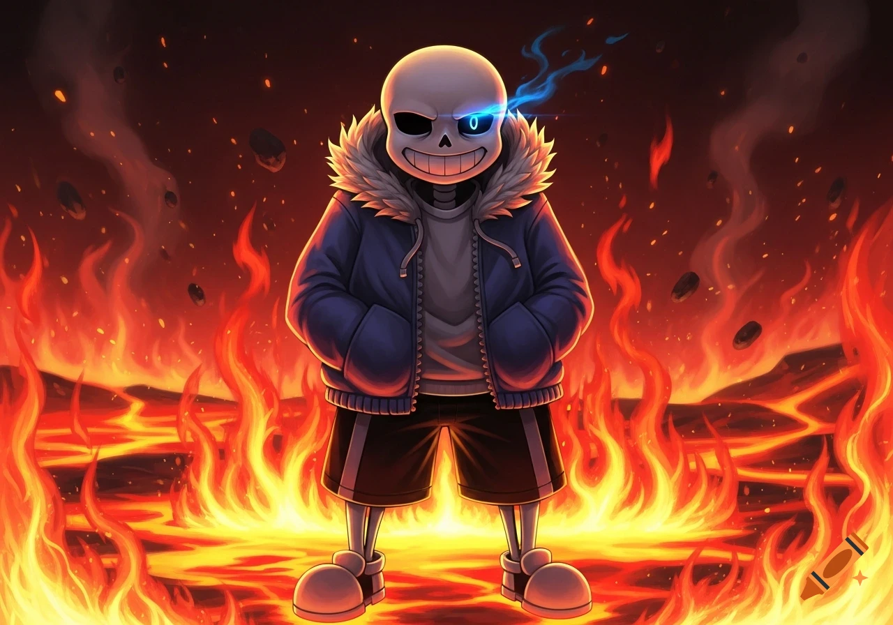 Sans from Undertale stands confidently amidst a blazing landscape of fire and molten lava, with glowing blue eye details.