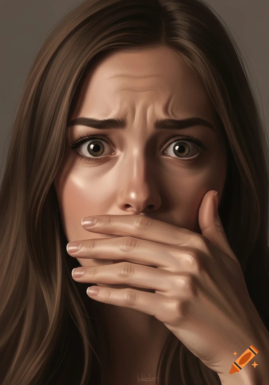 Close-up portrait of a distressed young woman with wide eyes and her hand covering her mouth.