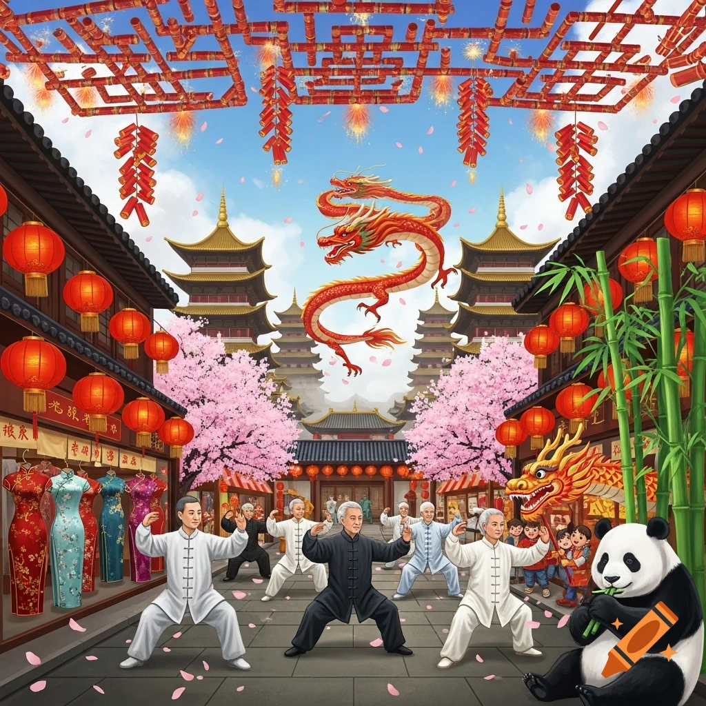 An illustrated festive Chinese street scene with Tai Chi practitioners, a red dragon, a panda eating bamboo, lanterns, and cherry blossoms.