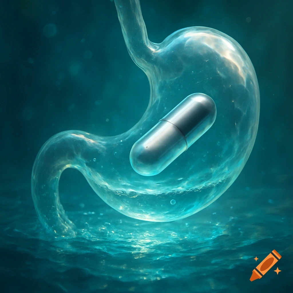 A translucent, glowing human stomach with a silver capsule inside, submerged in dark blue water with light rays.