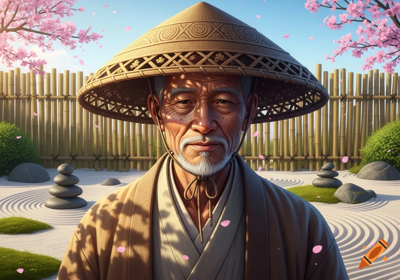 A detailed portrait of an elderly Asian man wearing a traditional conical straw hat, in a Japanese garden with cherry blossoms.